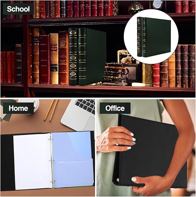 2 Pcs Vintage Hardback 3 Ring Binder 1 Inch, Professional Leather Binder 3 Ring, Three Ring Binders Fits 8.5 x 11, D Ring Binders for Home, School and Office- (1 Black and 1 Dark Green)