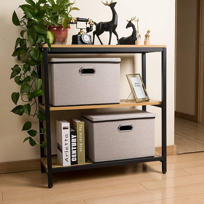 PRANDOM Extra Large Collapsible Storage Bins with Lids [3-Pack] Linen Fabric Foldable Storage Baskets Boxes Organizer Containers Cube with Cover for Bedroom Closet Office Nursery (22.8x15.7x13.8)