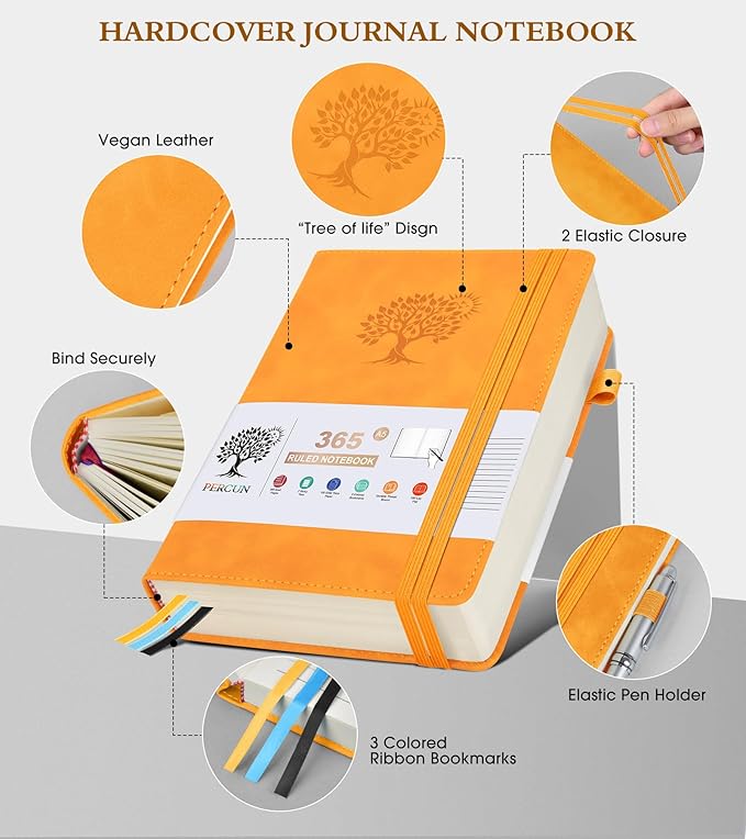 A5 Lined Journal Notebook - 365 Page Leather Journals for Writing Women & Men，Hardcover Notebook with 100Gsm Thick Pages，Daily Diary for Travel, Work，School，Note Taking，College Ruled (5.9" x 8.5")