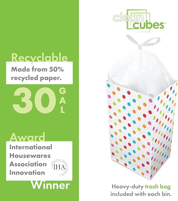 | 30 Gallon Disposable Trash Cans (3-Pack) with Fitted Trash Bags - Reusable Garbage and Recycling Bins for Parties, Events, and More (Polka Dot - 30” Height x 17” Width x 14” Depth)