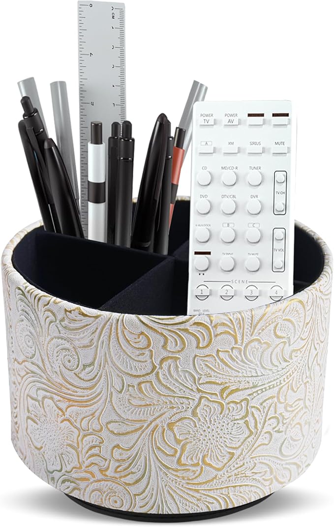 lizimandu Round Leather Art Supply Organizer,Remote Control Holder,360 Degree Spinning,Multi-Functional Pencil Holder,4 Compartments Desktop Stationary Organizer(1-Carved White Gold)
