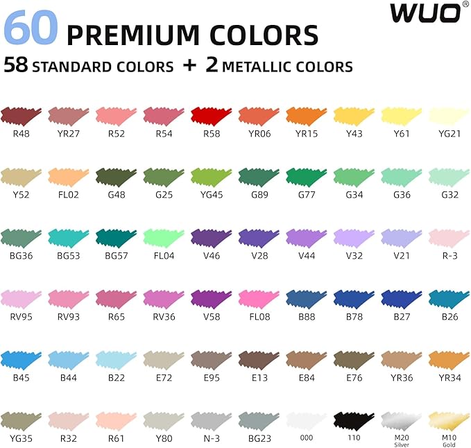 WUO 60 Colors Acrylic Paint Markers (2 Metallic), Automatic Ink Control Brush Tip for Multi-Surface, Water-Based No-Bleed Markers Acrylic Paint Pens for Rock Painting, Wood, Canvas, Glass, DIY Crafts