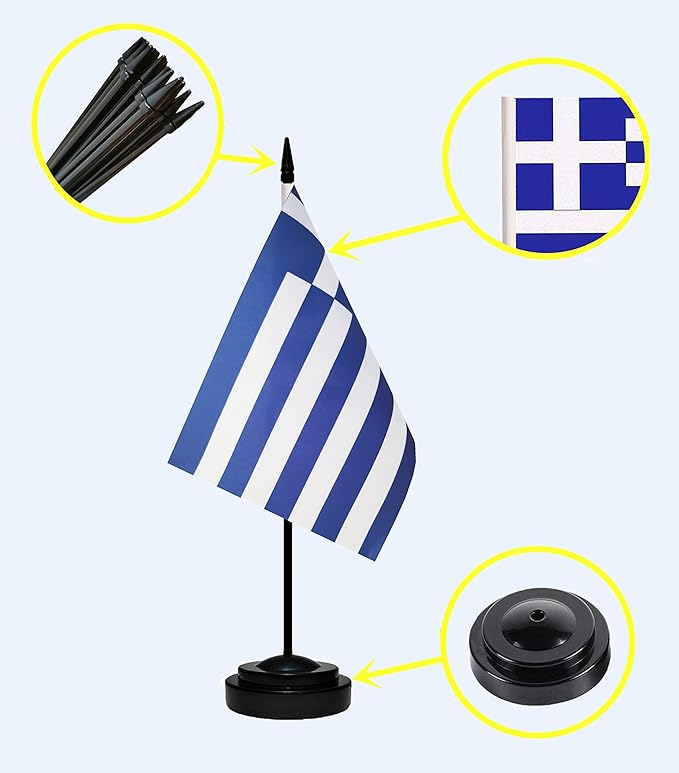 Greece Greek Deluxe Desk Flag Set, Small Mini Miniature Greece Greek Table Desktop Flags With Solid Pole, Black Base and Spear Top(2 Pack)