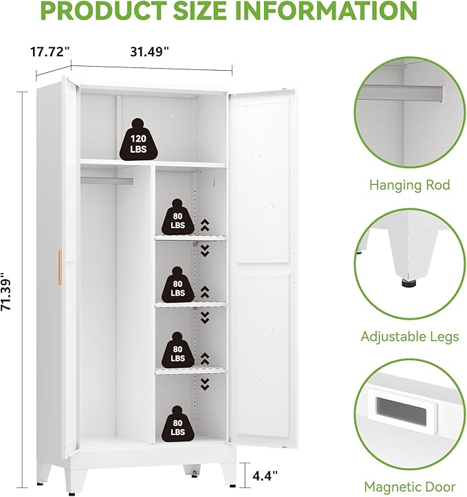 Metal Wardrobe Cabinet with Hanging Rod,Large 71" Armoire Wardrobe Closet with Adjustable Shelves,Farmhouse Metal Clothing Storage Cabinets for Bedroom,Office,Employee(White)