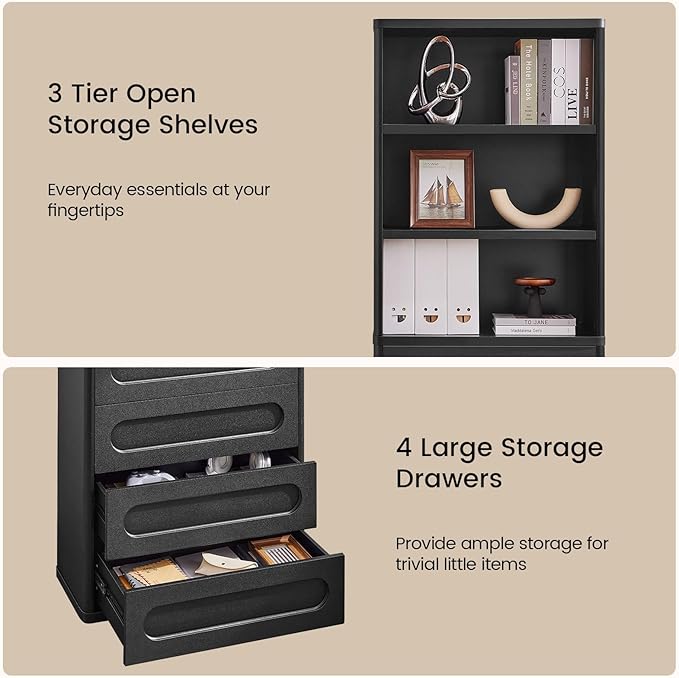 Bookcase with 4 Drawers, 72.1" Tall Bookshelf with 3 Storage Shelves, Large Bookshelves Cabinet for Living Room, Bedroom, Home Office (Black)