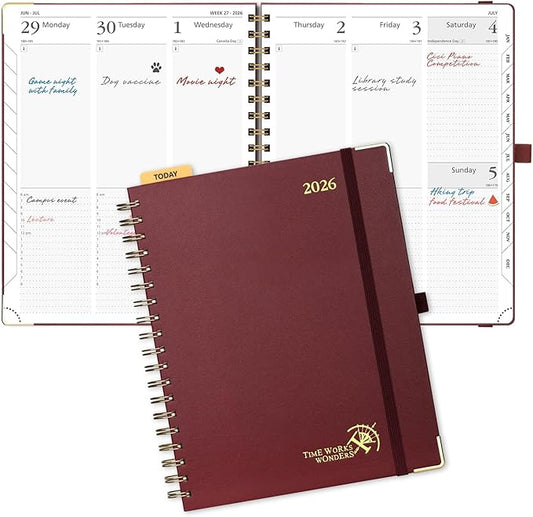 POPRUN 2026 Planner (Large Size 10'' x 8'' Wire-Bound Hard Cover) Daily Weekly and Monthly Calendar - Agenda 2026 (Jan.2026-Dec.2026) with Hourly Schedule, Monthly Tabs - Burgundy