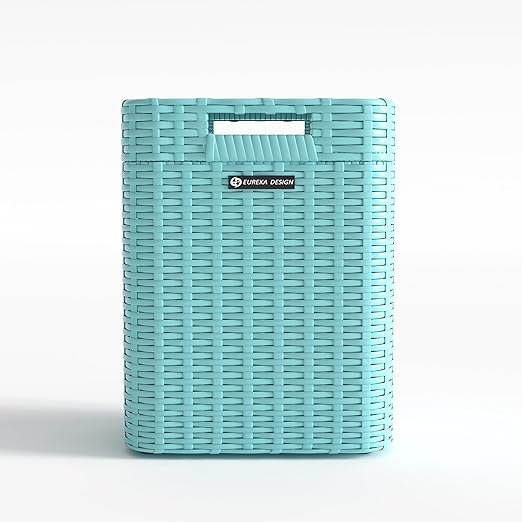 Ypati Handwoven 4 Gallon Rattan Trash Can with Lid, Boho Style Decorative Indoor and Outdoor Trash Bin with Shelf, Waste Basket for Bathroom, Kitchen, Patio, with Trash Bags, Turquoise Blue, Eureka