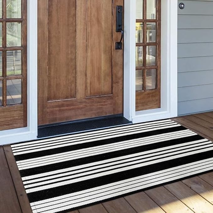 OJIA Cotton Black and White Striped Rug 2x4 Hand-Woven Indoor/Outdoor Area Rug Layered Door Mats for Front Porch/Entryway/Laundry Room/Bedroom/Outdoor