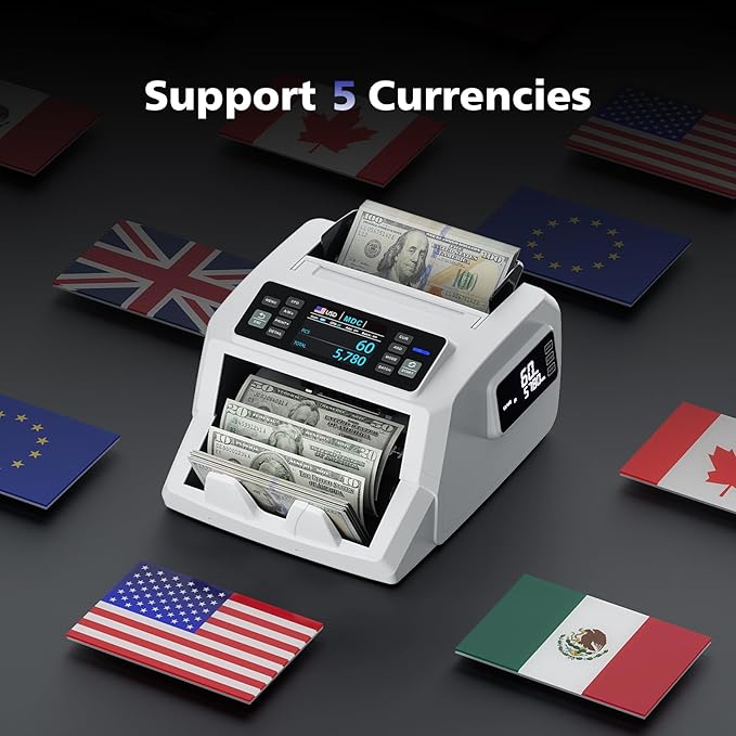 N71 Money Counter Machine Mixed Denomination, Dual-Display Mixed Denomination Value Counting Machine with UV/MG/IR/DD Counterfeit Detection, USD, EUR, MXN, GBP and CAD Business Money Counter