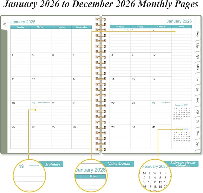 2026 Planner - Planner 2026 from January 2026 - December 2026, Weekly & Monthly Planner Spiral Bound with 12 Monthly Tabs, Inner Pocket, 6.4" x 8.5", Green-E