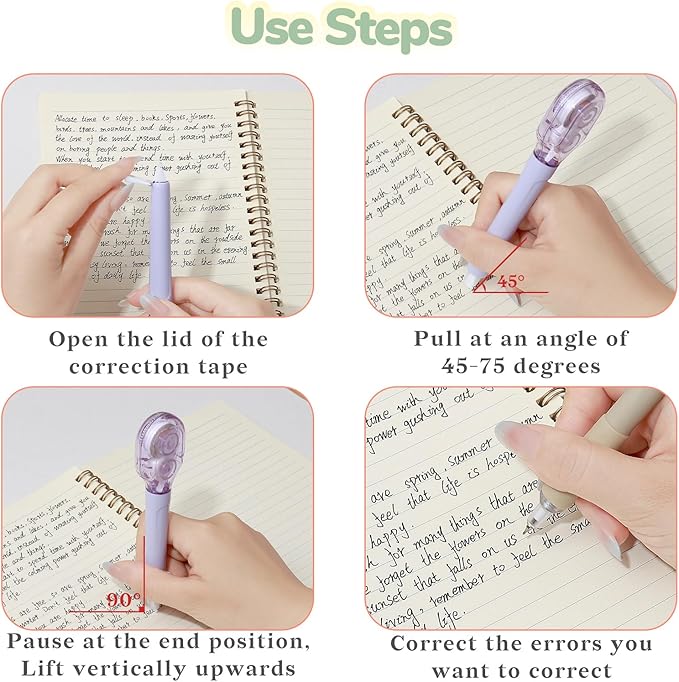 Temiary 4 Pcs White Correction Tape Pens, 6M/256" x 0.2" Smooth Pull Out Tape Pen, Easy to Use Applicator for Instant Corrections Back to School Office Supplies (Morandi)