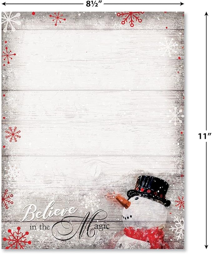 Snowman Believe Holiday Letter Paper - Set of 25 Christmas stationery papers are 8 1/2" x 11", compatible computer paper