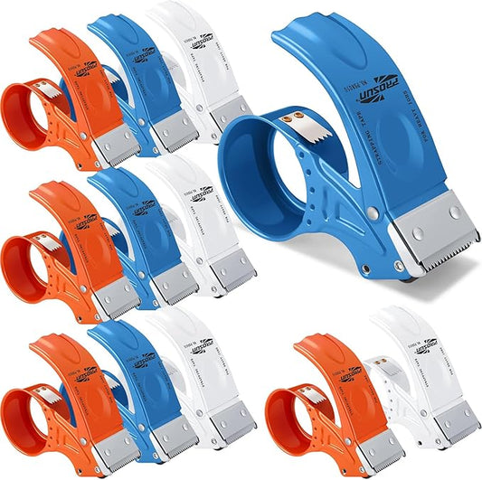 12 Pcs 2 Inch Packing Tape Dispenser Gun Heavy Duty Metal Tape Gun for Packing Boxes Wide Tape Gun for Handheld Sealing Cutter Warehouse Tools, White, Orange, Blue
