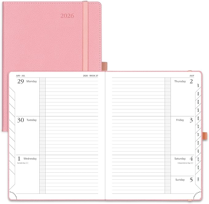 POPRUN 2026 Weekly & Monthly Planner Calendar, 6.75" x 8.75" Medium, Horizontal Layout with Lined Sections, Jan. 2026 - Dec. 2026, Leather Hardcover, 100GSM Paper, Inner Pocket - Soft Pink