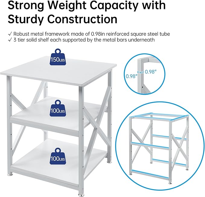 Large Printer Stand with Height Adjustable Storage Shelf, 23.6 x 23.6 Inches Square Printer Table with Industrial Wheels, Multi-use 3 Tier Rolling Printer Cart for Home Office - White