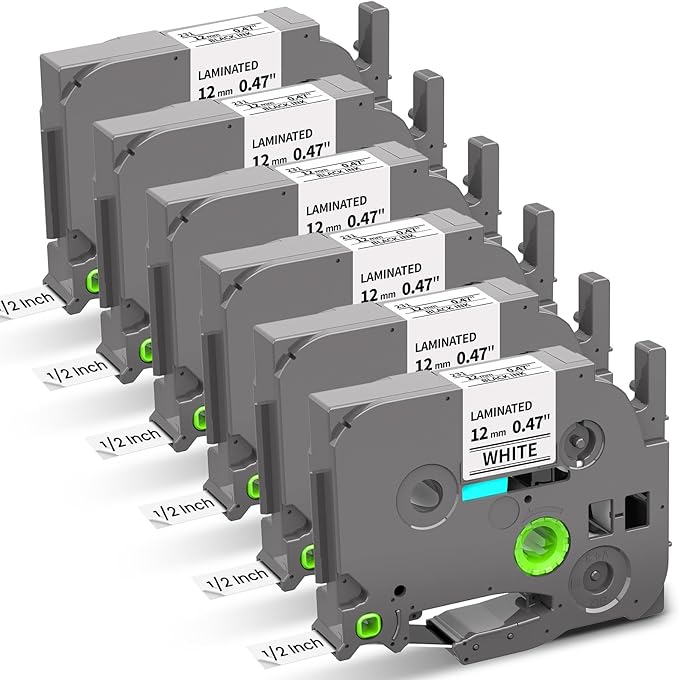 Label Maker Tape Compatible with Brother P-Touch Label Tape TZe-231 TZ TZe 12mm 0.47 Laminated White 1/2" TZE231 for PT-D210 D220 H110 D410 D610BT P710BT H111 Cube 1880 Refill, Black on White, 6-Pack