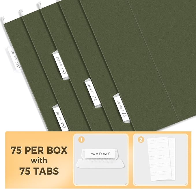 SUNEE Hanging File Folders, 75 Pack Reinforced Hang Folders Letter Size, Adjustable 1/5-Cut Tabs, Designed for Bulky Files, Filing Cabinet, Standard Green