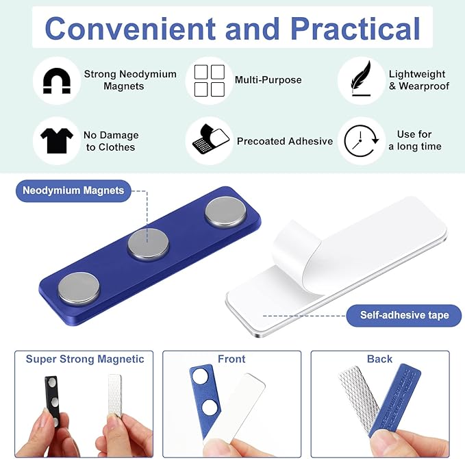 Mtlee 100 Packs Name Tag Magnets Magnetic Name Badge Holders ID Fastener Clip with 3 Neodymium and Adhesive Backing for Uniform Jackets(Navy Blue)