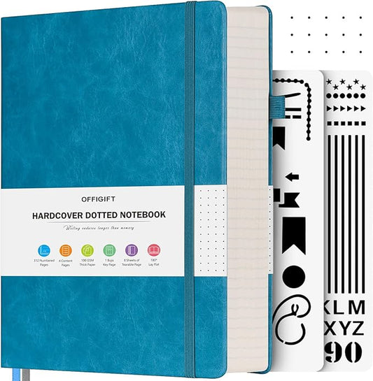 Bullet Dotted Journal Notebook, A5 Hardcover Dot Journal, 312 Numbered Pages Leather Journal, 100gsm No Bleed Paper Dot Grid Notebook with Index Pages for Women Men, 5.75" x 8.38", Blue