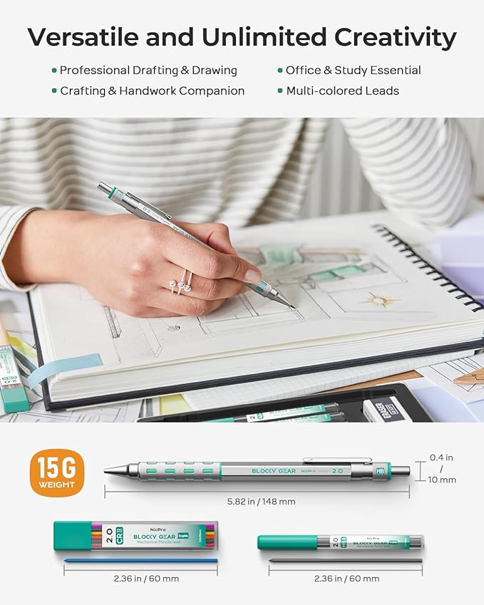 Nicpro Blocky Gear 2mm Metal Mechanical Pencils Set with Case, Drafting Pencil with 6 Tubes 2mm Lead Refill (HB 2B 2H 4B 4H & Colors) Sharpeners, Erasers for Artist Art Writing Drafting Drawing