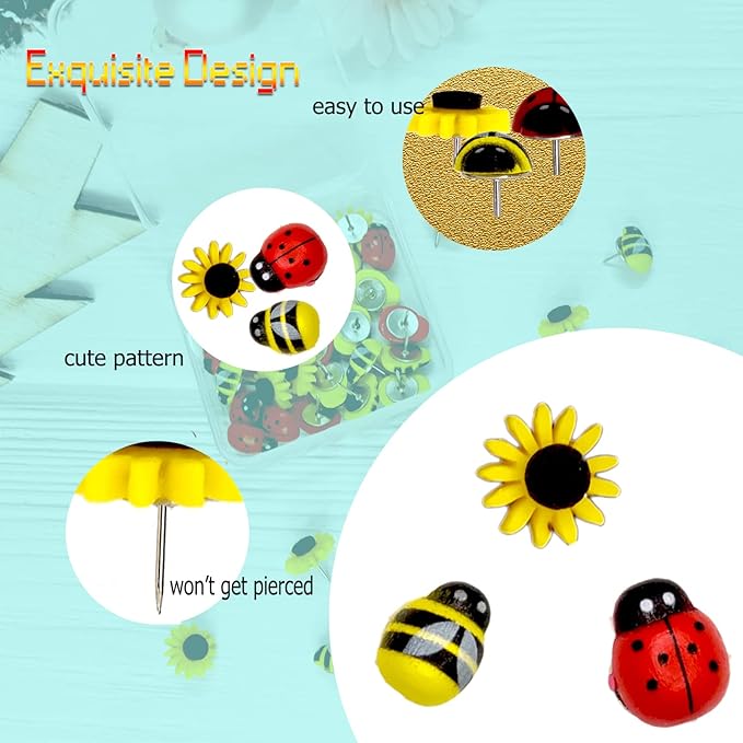 50 Pcs Animal Push Pins, DANUDON Bee Pushpins Sunflower Thumbtacks Decorative Bumble Bee Shaped Floret Thumb Tacks Decorations for Photo Wall Memo Cork Board Bulletin Board Map with Box