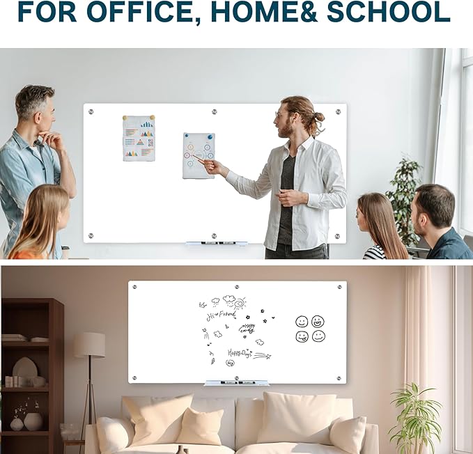 J&J worldwide Magnetic Glass Whiteboard 6' x 3' Ultra White, Large Frameless White Boards for Walls 70 x 35 Inches, Large Dry Erase Board for Office, Home, School