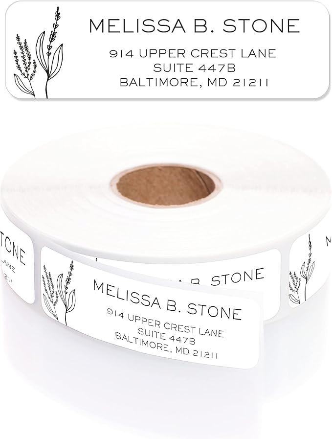Simple Modern Flower Rolled Address Labels/Roll of 250 Floral Illustration Personalized Address Labels/Designer Return Address Stickers in Elegant Plastic Dispenser