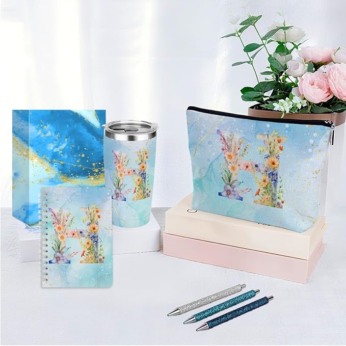 Personalized Gifts Monogrammed Birthday Gifts for Women, Bridesmaid Bachelorette Party Christmas Initial 20 oz Tumbler, Makeup Bag Cup Ballpoint Pens Journal Notebook 6 Set, (Aesthetic Blue Flower H)