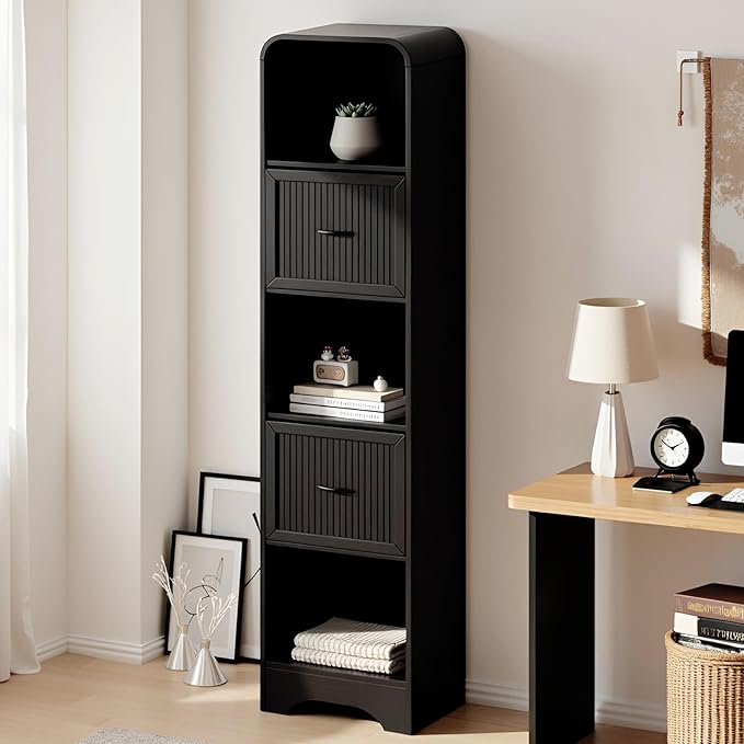 70" Tall Arched Bookcase and Book Shelf, Narrow Bookshelf with Drawers, Modern Wooden Bookshelves w/Adjustable 2 Bins Storage, Skinny bookshelf w/Open Display Shelves for Living Room, Office, Black