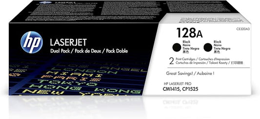 HP Original 128A Black Toner Cartridges (2-pack) | Works with LaserJet Pro CM1415 Color, CP1525 Color Series | CE320AD