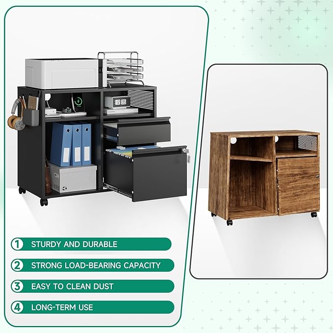 Letaya Mobile File Cabinet, Metal Lateral Rolling Printer Stand Filing Cabinets with Shelves for Home Office-Storage A4/F4/Letter (Black)