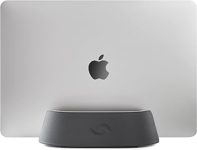 HumanCentric Vertical Laptop Stand in Vegan Black Leather, Upright Adjustable Holder and Dock, Laptop Vertical Stand Fits MacBook Pro and Other Laptops .5" to 1.5", Clamshell Compatible