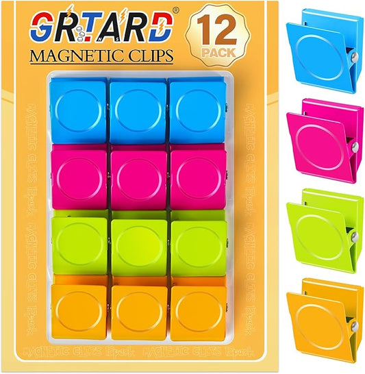Grtard 12 Pack Magnetic Clips Heavy Duty, Colorful Strong Fridge Magnet Clips Heavy Duty, Metal Magnet Clips for Fridge, clip Magnets, Magnetic Clips for Refrigerator, Locker, Whiteboard, Home, Office