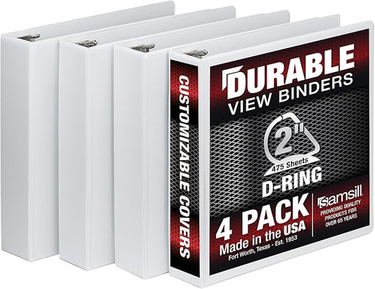 Samsill Durable 2 inch 3 Ring Binder, Made in USA, D Ring Binder, FSC 100% Recycled Chipboard, White, 4 Pack