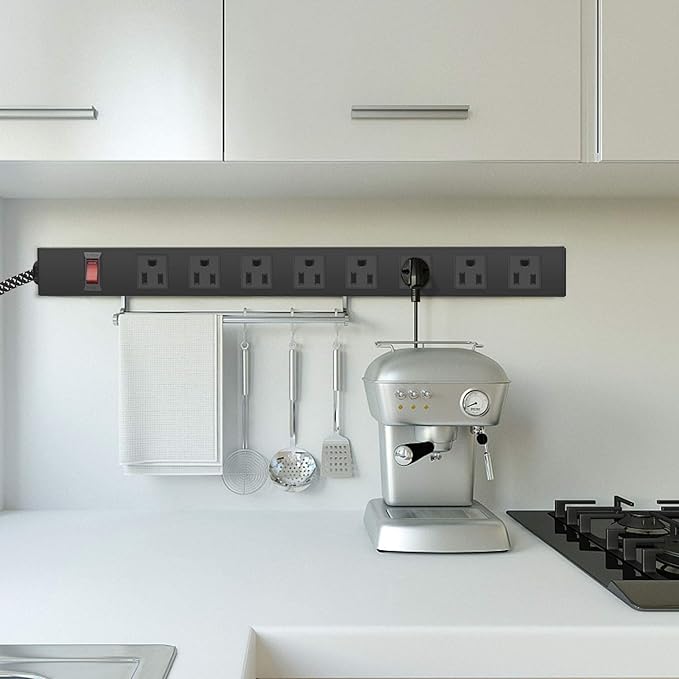 Metal 8 Outlet Mountable Power Strip with Switch,Wide Spaced Heavy Duty Wall Mount Power Strip Surge Protector 1200J,10FT 14AWG Braided Cord 15A 125V 1875W for Home Office Industrial Garage Commercial