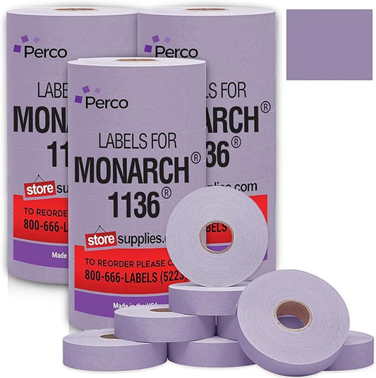 Perco Lavender Pricing Labels for Monarch 1136 Price Gun - 3 Sleeves, 24 Rolls Value Pack - 42,000 Price Marking Labels - with Ink Rolls Included