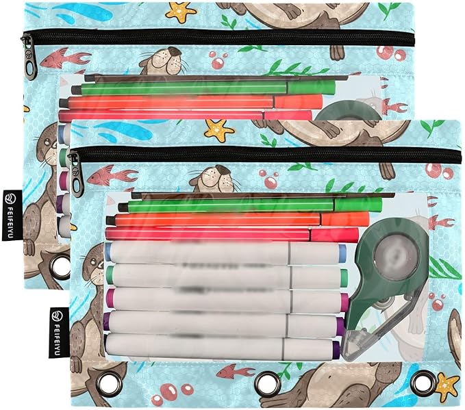 ZAZYXTJ Otter Binder Pencil Pouchs 3 Ring with Zipper Clear Window Office Organizers bag for School Students Teacher Supplies 2 Pack