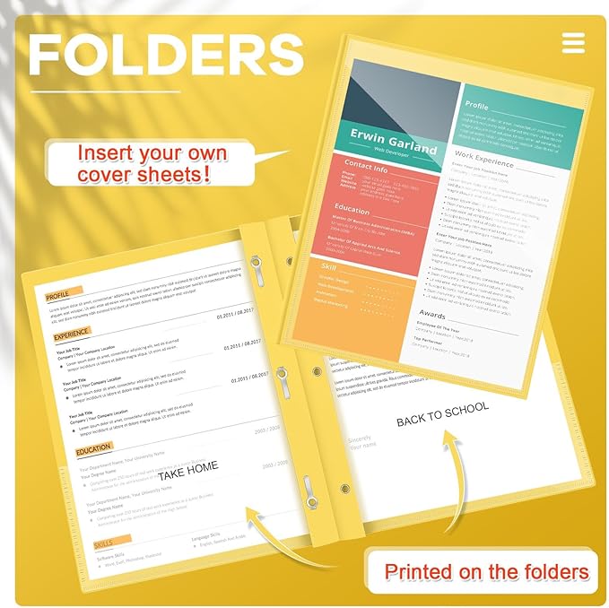 Henoyso 48 Pcs Plastic Folders with Clear Front Pocket and 3 Prong Take Home Plastic 2 Pocket Folder Back to School for Students Parent Teacher Communication for School Office (Yellow)