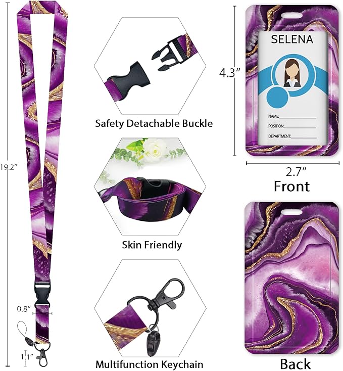 Purple Marble ID Badge Holder with Breakaway Lanyard, Fashionable Lanyards for ID Badges Women, Cute Badge Reel Retractable, ID Card Holder Keychain Name Badge Clip, Nurse Teacher Gifts