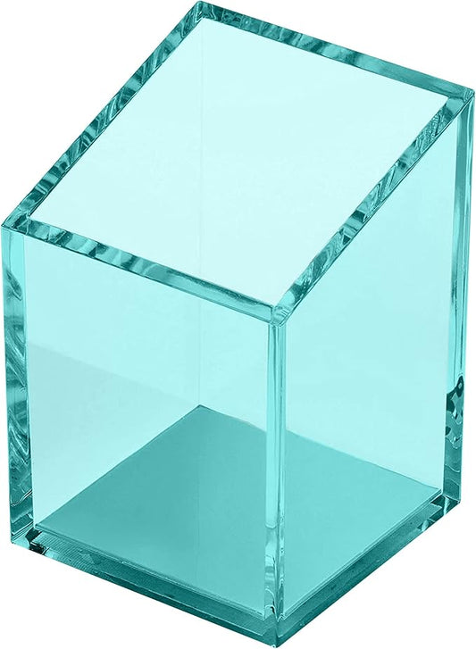 OfficeGoods Acrylic Pen & Pencil Holder - Modern Trapezoid Design - Beautiful Desk Organizer for Home or Office - Contrasting Metal Base - 3" Square w/ 3.5" Front & 4.5" Back - Green