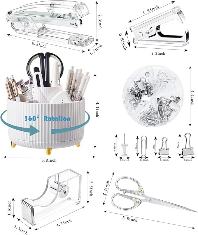 Desk Organizers and Accessories Set with 360-Degree Rotating Pen Holder, Acrylic Stapler, Tape Holder, Staple Remover, Binder/Paper Clips Kit, Scissor and 1 Box of Staples