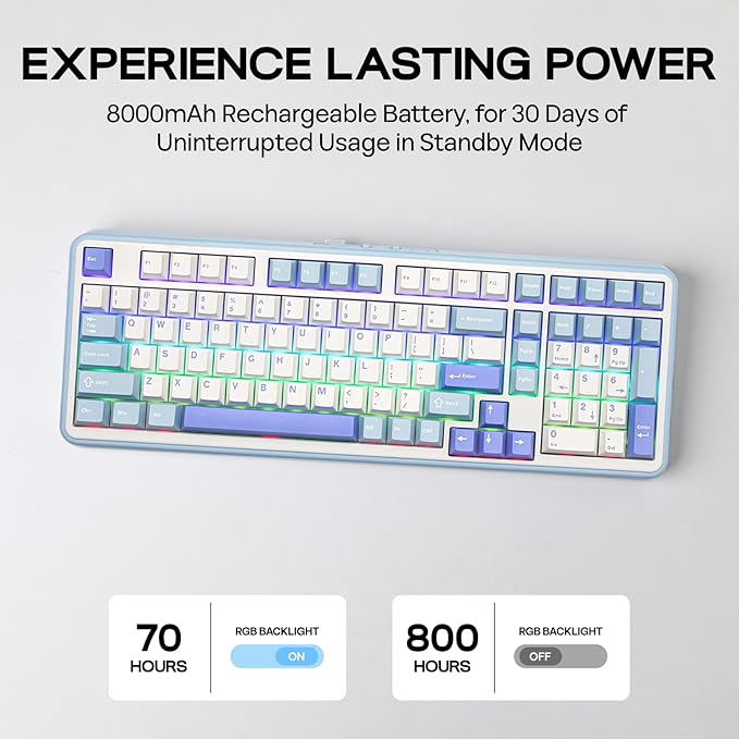 EPOMAKER TH99 Wireless Mechanical Keyboard with Lubed Silent Switch, Quiet Gaming Keyboard, 8000mAh,Creamy Gasket,RGB Backlit,Numpad,PBT Keycap,Hot Swappable,for Gamers/Office (Blue&White)