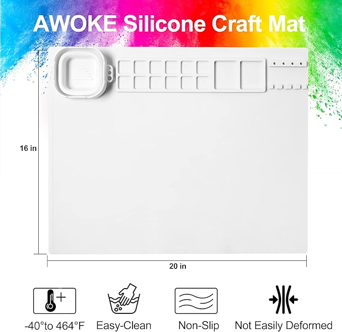 AWOKE Silicone Painting Mat - 20"X16" Silicone Art Mat with 1 Water Cup for Kids - Craft Mat has12 Color Dividers - 2 Paint Dividers (White),Toddler Activities,3 4 5 Year Old Girl Boy Birthday Gifts