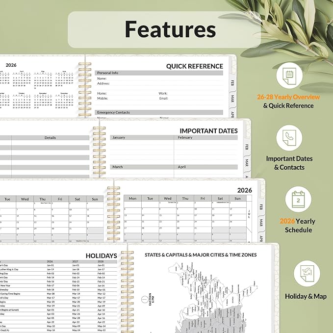 SUNEE Planner 2026 Weekly and Monthly, January 2026-December 2026, 8.5"x11", Tabs, Note Pages,Spiral Binding, Eucalyptus