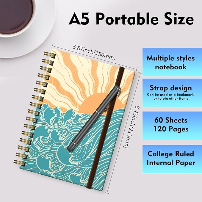 Spiral Journal Notebook, A5 Cute Notebooks for Women Men, College Ruled Hardcover Notebook for Work & Note Taking, 60 Pages Double-Wire Journals for Writing, Boho Sun Sea