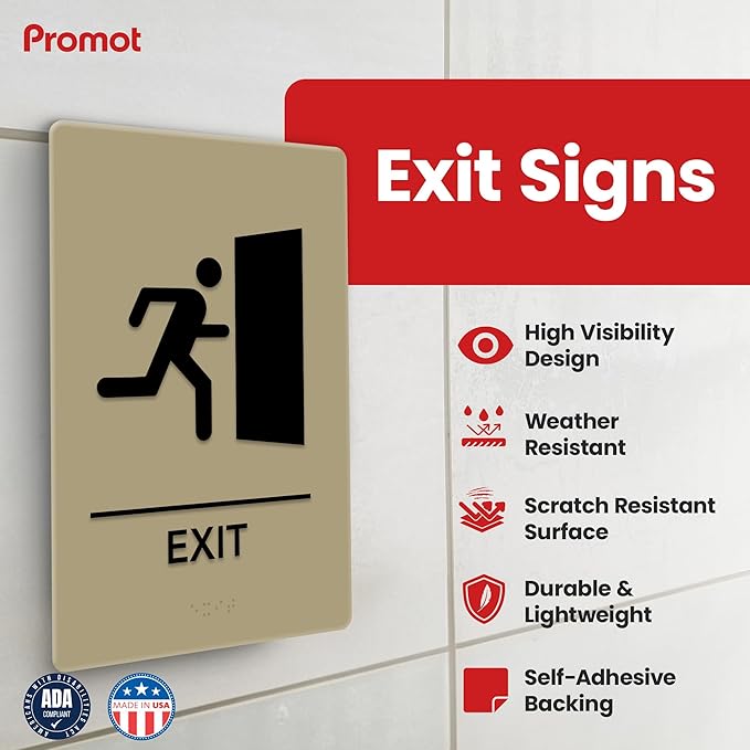 Promot Exit Sign – ADA Braille Exit Sign for Business, Self-Adhesive, 9" x 6", Commercial Door Signage, Office Wall Decor - Taupe