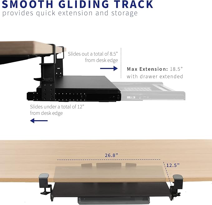 VIVO Large Clamp-on Height Adjustable Keyboard Tray, Pull Out Platform, Pencil Drawer, 27 (33 Including Clamps) x 11 inch Slide-Out Tray Storage Drawer, Black, MOUNT-KB05-4DH