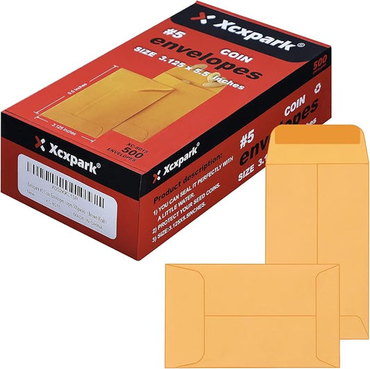 500 PCS #5 Coin Envelopes, 3.125 x 5.5 inches Brown Kraft Envelopes Classic Small Parts Envelopes with Self Adhesive Gummed Flap for Coins, Cash, Credit Cards, Seeds