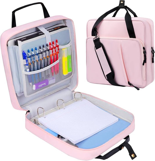 3 D-Ring Zipper Binder 2 Inch with Shoulder Strap, Waterproof Oxford Binder with Zipper Storage 500 Sheets Capacity, Multi-Pockets Organizer Bag for 13 Inch Laptop School& Office (Pink)