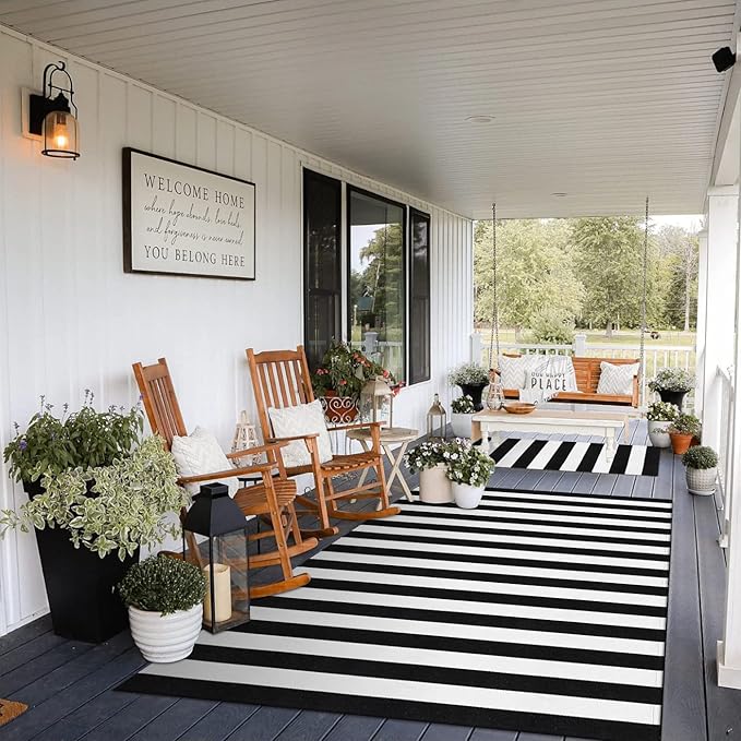 Black and White Striped Rug 5' 7" x 7' 7" Washable Large Patio Rug Cotton Hand Woven Indoor Outdoor Rug for Porch Backyard Dining Room Entryway Halloween Autumn Decorations